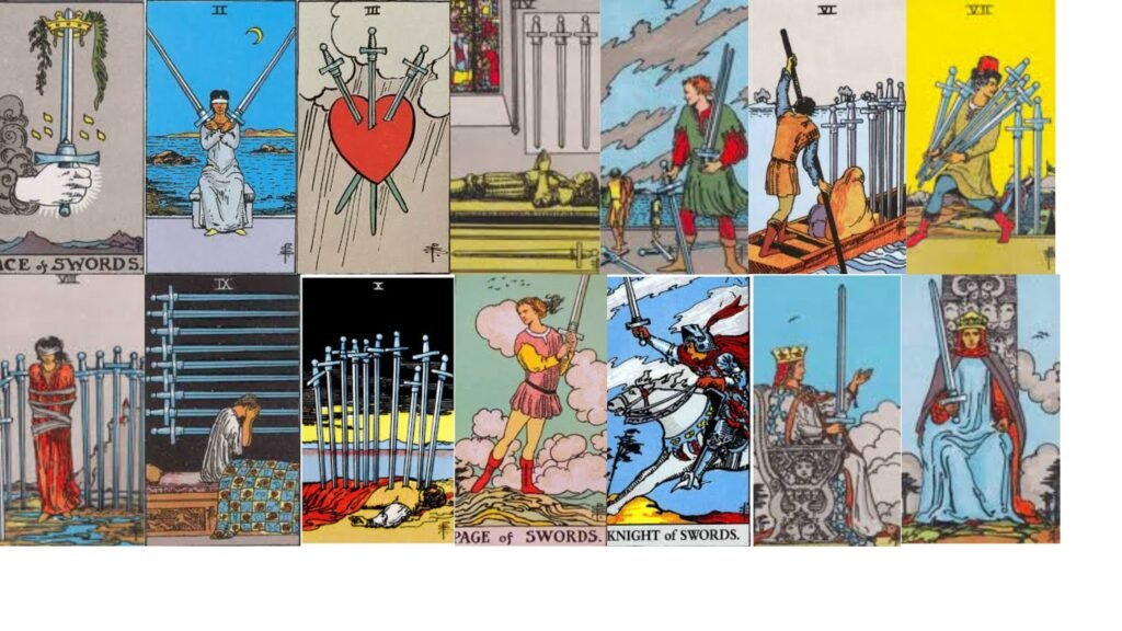 As cartas do naipe de espadas do tarot de waite, em ordem.